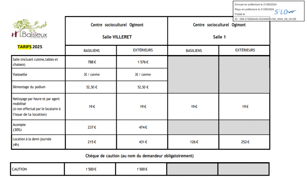 Tarifs 2025 location Espace Villeret