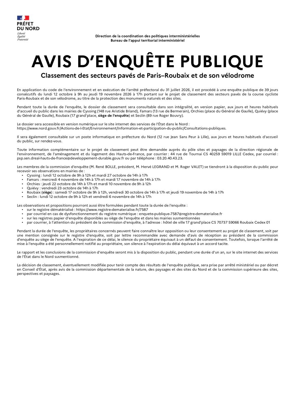 Avis enquête publique pavés Paris Roubaix